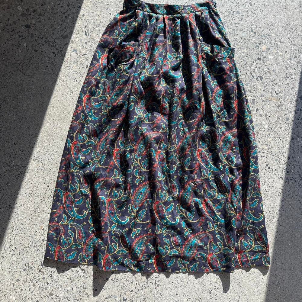Papagallo Women’s Size 6 Paisley Midi Skirt Navy Teal Red Rayon Pockets Vintage